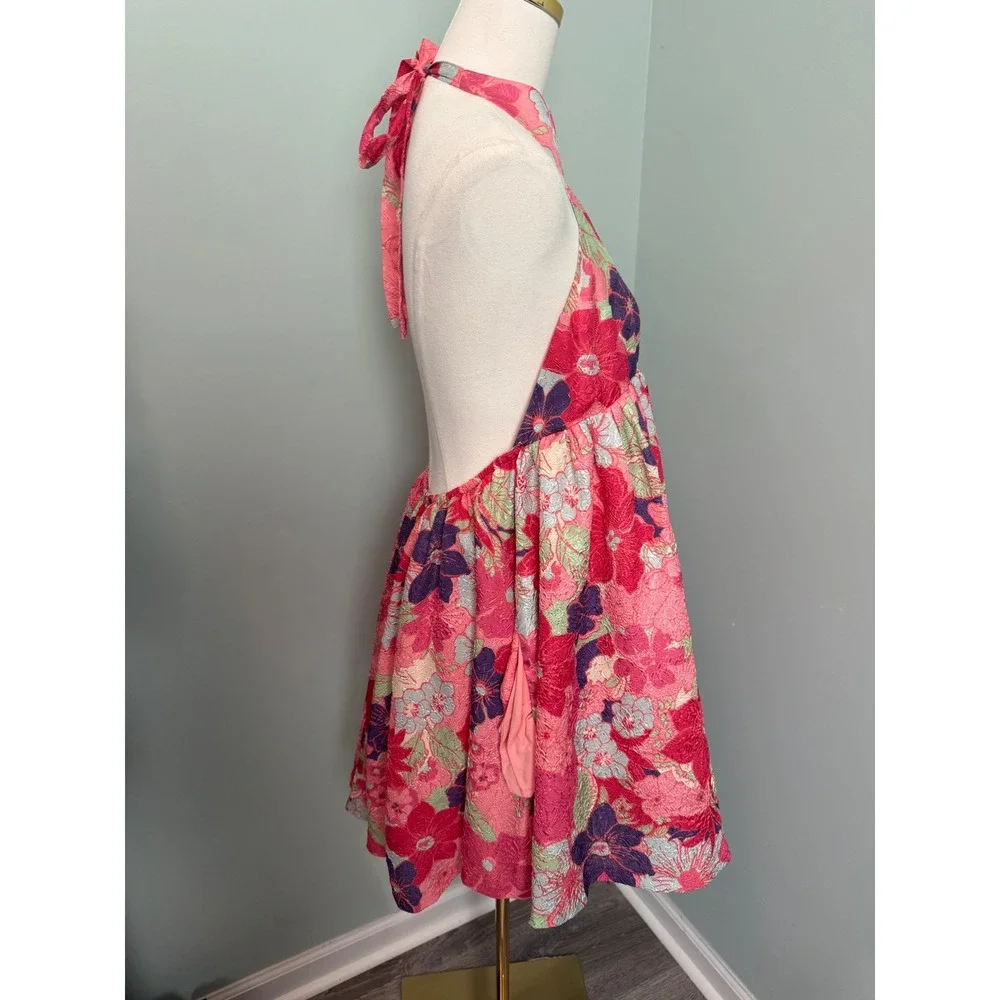 Free People Pink Floral‎ Jacquard Halter Mini Dress Open Back Size L New
